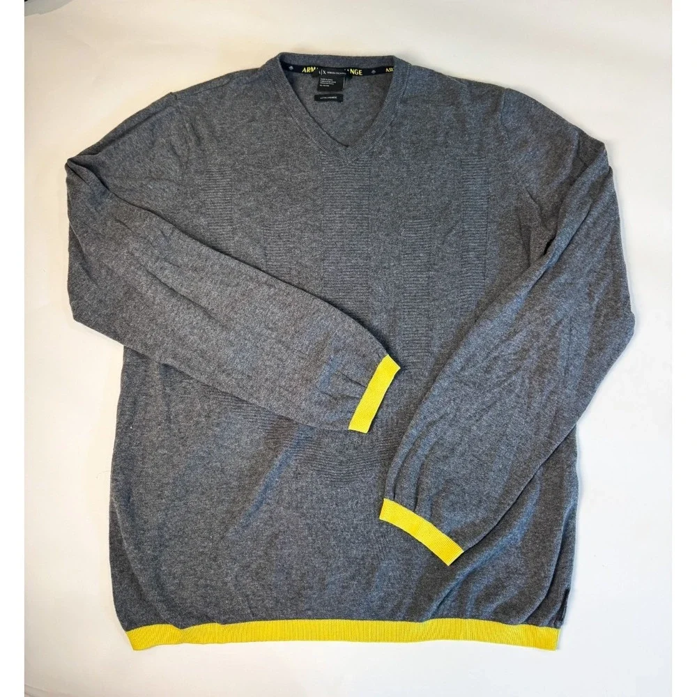 Armani Exchange A|X Men's Grey V-Neck Cotton Cashmere Sweater Yellow Trim Sz  XL